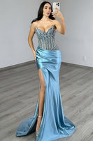 Load image into Gallery viewer, Strapless Blue Mermaid Beaded Corset Long Prom Dress with Slit