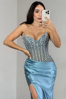 Load image into Gallery viewer, Strapless Blue Mermaid Beaded Corset Long Prom Dress with Slit
