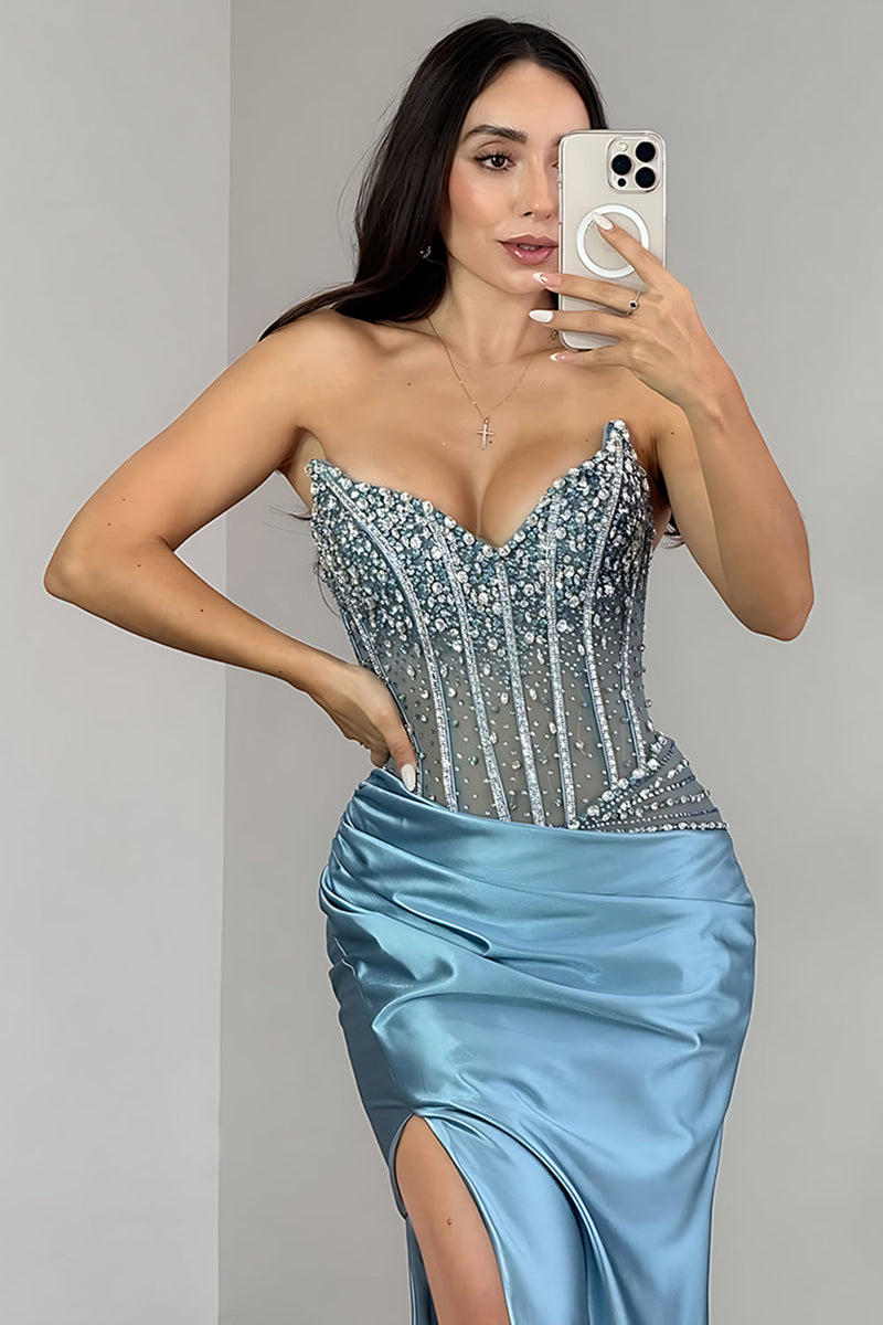 Load image into Gallery viewer, Strapless Blue Mermaid Beaded Corset Long Prom Dress with Slit