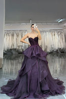 Load image into Gallery viewer, Dark Purple Ruffled Sweetheart Corset Ball Gown Long Prom Dress