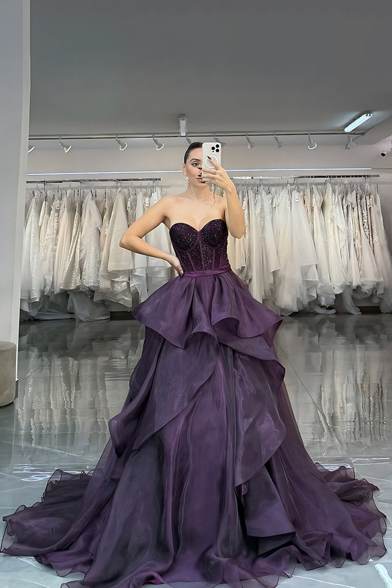 Load image into Gallery viewer, Dark Purple Ruffled Sweetheart Corset Ball Gown Long Prom Dress