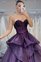 Load image into Gallery viewer, Dark Purple Ruffled Sweetheart Corset Ball Gown Long Prom Dress
