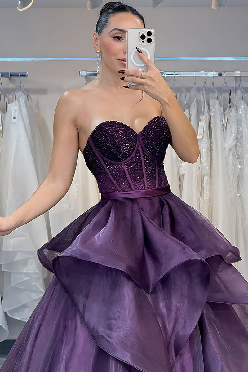 Load image into Gallery viewer, Dark Purple Ruffled Sweetheart Corset Ball Gown Long Prom Dress