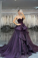 Load image into Gallery viewer, Dark Purple Ruffled Sweetheart Corset Ball Gown Long Prom Dress