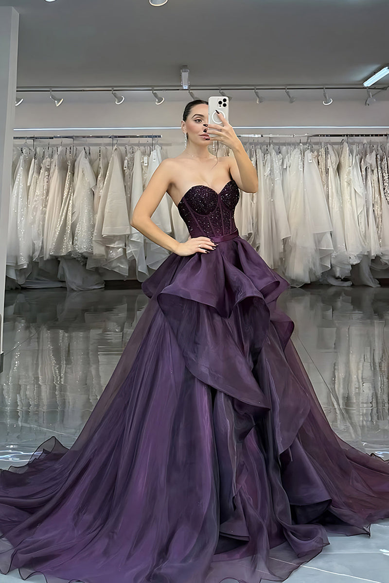 Load image into Gallery viewer, Dark Purple Ruffled Sweetheart Corset Ball Gown Long Prom Dress