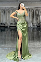 Load image into Gallery viewer, Green Off The Shoulder Corset Mermaid Long Prom Dress with Slit
