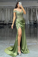 Load image into Gallery viewer, Green Off The Shoulder Corset Mermaid Long Prom Dress with Slit