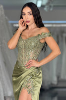 Load image into Gallery viewer, Green Off The Shoulder Corset Mermaid Long Prom Dress with Slit