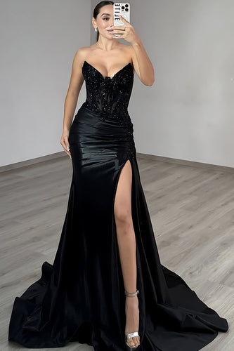 Black Strapless Mermaid Beaded Long Prom Dress with Slit