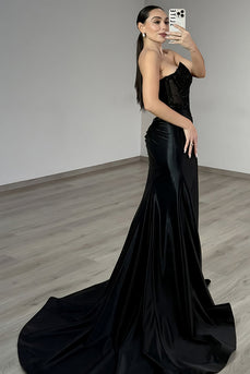 Black Strapless Mermaid Beaded Long Prom Dress with Slit