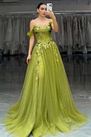 Load image into Gallery viewer, Off The Shoulder Green A-Line Corset Appliqued Long Prom Dress