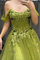 Load image into Gallery viewer, Off The Shoulder Green A-Line Corset Appliqued Long Prom Dress