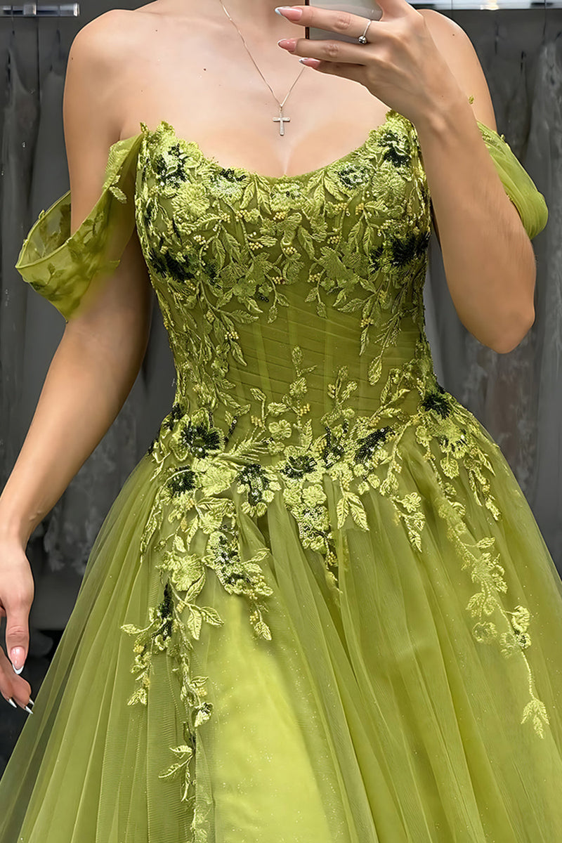 Load image into Gallery viewer, Off The Shoulder Green A-Line Corset Appliqued Long Prom Dress