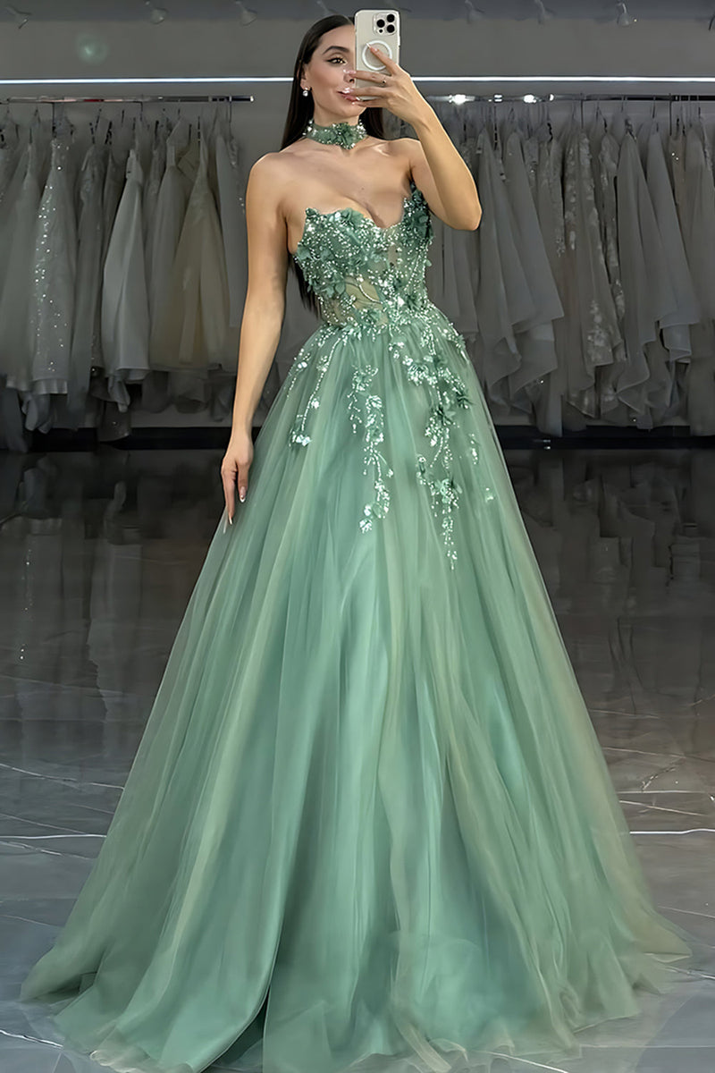 Load image into Gallery viewer, Strapless Green A-Line Corset Long Prom Dress with Sequins
