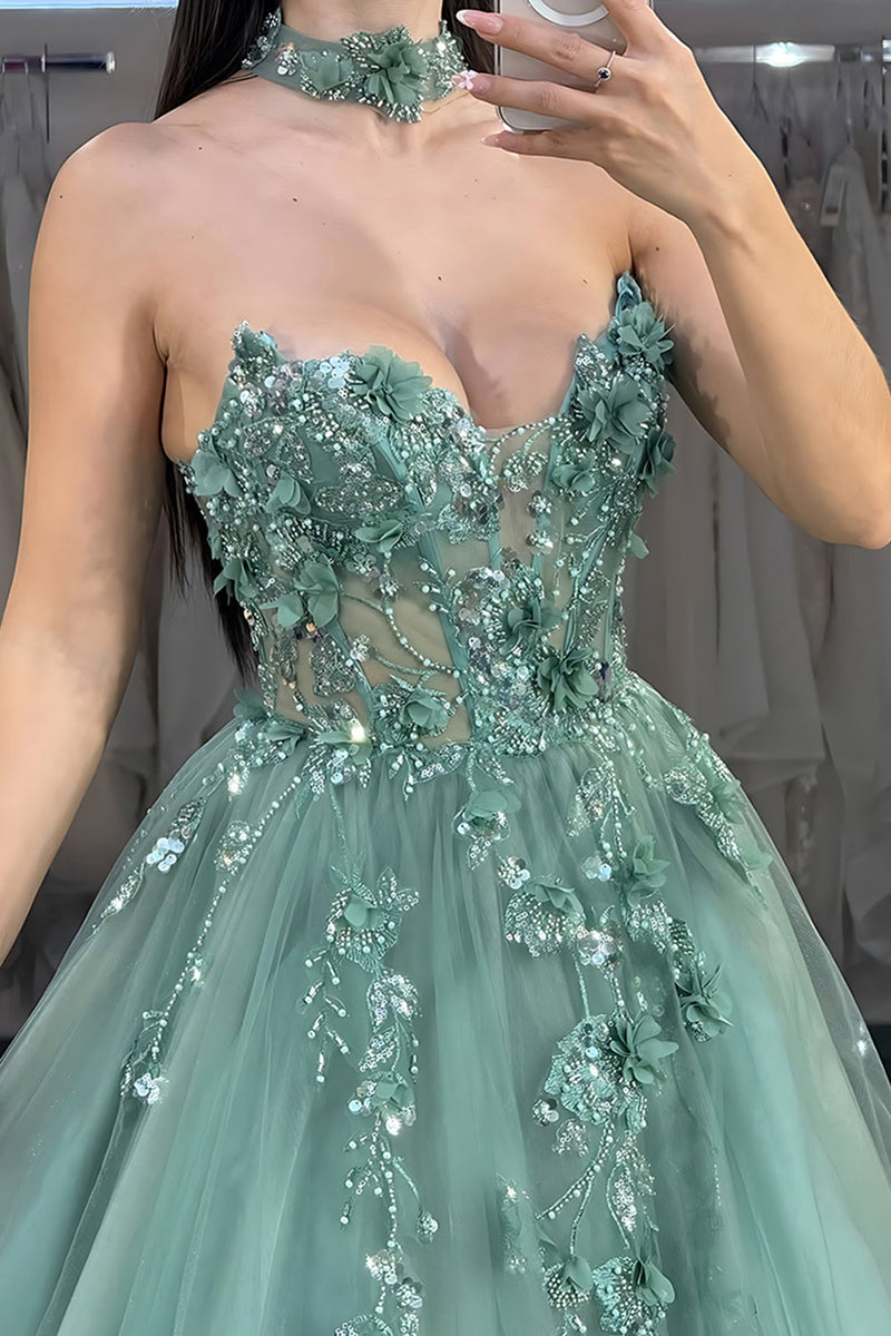 Load image into Gallery viewer, Strapless Green A-Line Corset Long Prom Dress with Sequins