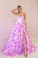 Load image into Gallery viewer, Sweetheart Fuchsia Flower A-Line Beaded Corset Long Prom Dress with Slit