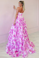 Load image into Gallery viewer, Sweetheart Fuchsia Flower A-Line Beaded Corset Long Prom Dress with Slit