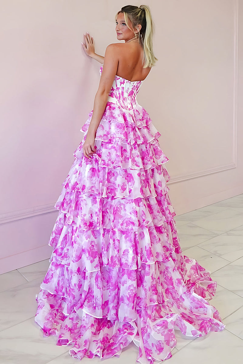 Load image into Gallery viewer, Sweetheart Fuchsia Flower A-Line Beaded Corset Long Prom Dress with Slit
