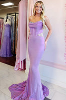 Load image into Gallery viewer, Purple Strapless Beaded Mermaid Corset Long Prom Dress