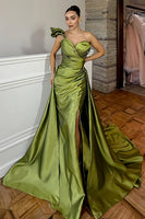 Load image into Gallery viewer, One Shoulder Pleated Green Mermaid Long Prom Dress with Slit