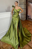 Load image into Gallery viewer, One Shoulder Pleated Green Mermaid Long Prom Dress with Slit