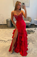 Load image into Gallery viewer, Red Sweetheart Ruffled Mermaid Corset Long Prom Dress with Slit