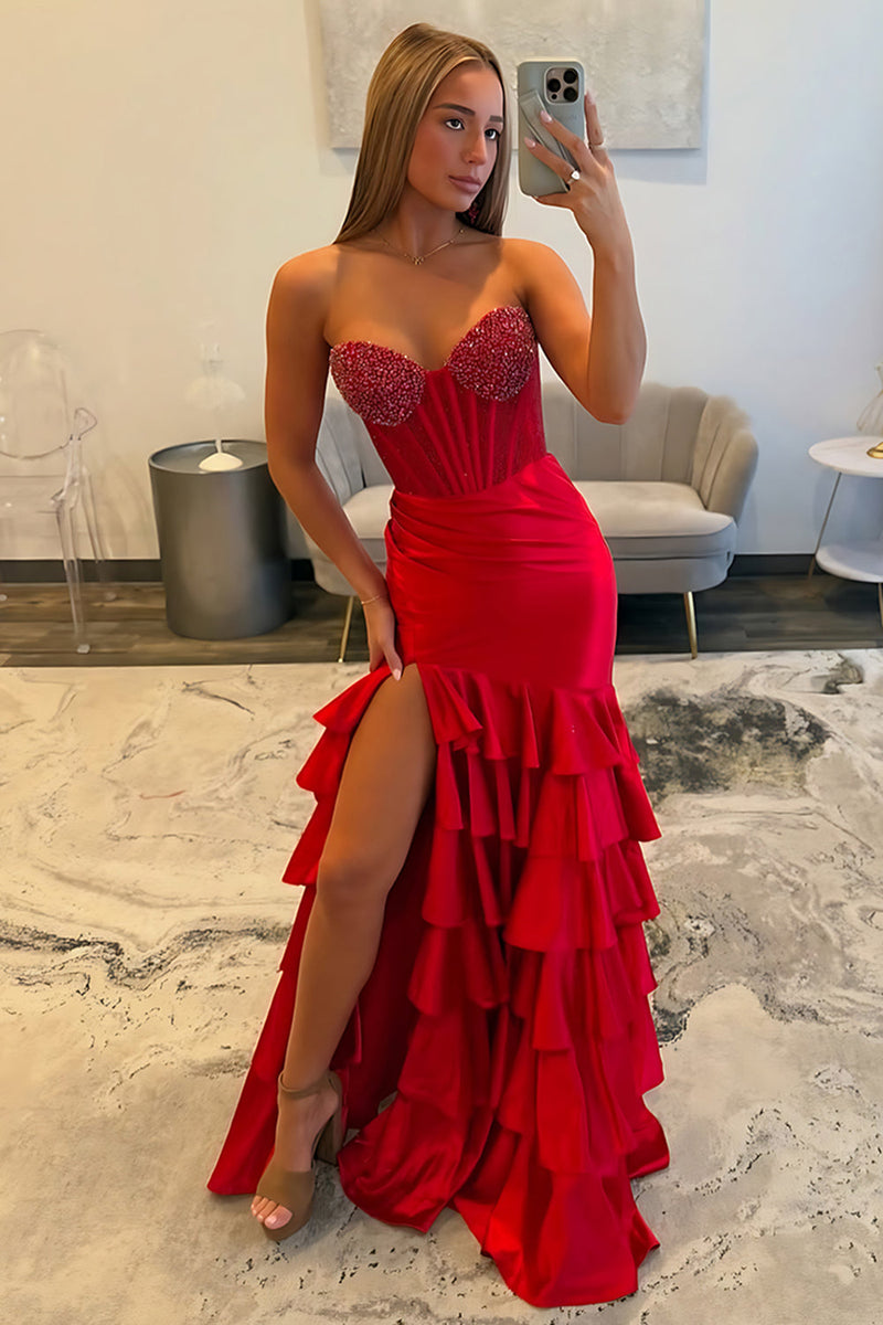 Load image into Gallery viewer, Red Sweetheart Ruffled Mermaid Corset Long Prom Dress with Slit