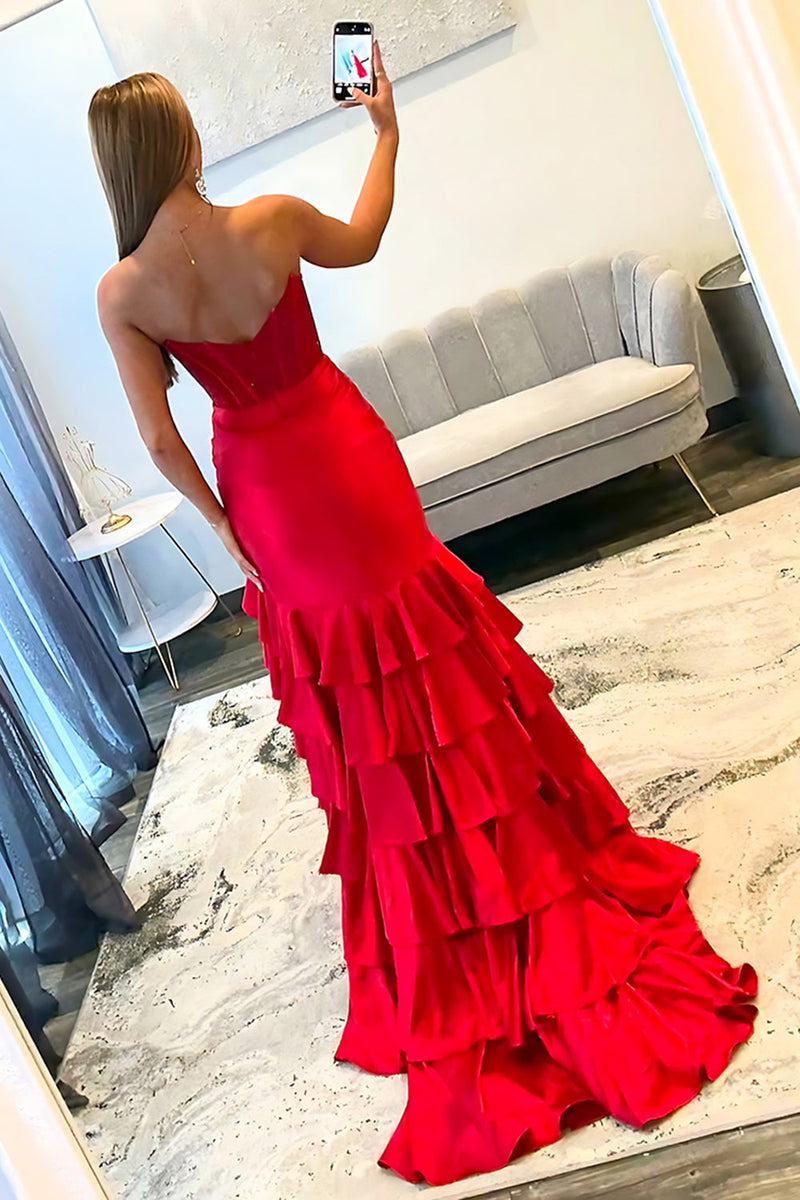 Load image into Gallery viewer, Red Sweetheart Ruffled Mermaid Corset Long Prom Dress with Slit