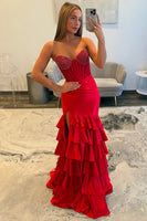 Load image into Gallery viewer, Red Sweetheart Ruffled Mermaid Corset Long Prom Dress with Slit