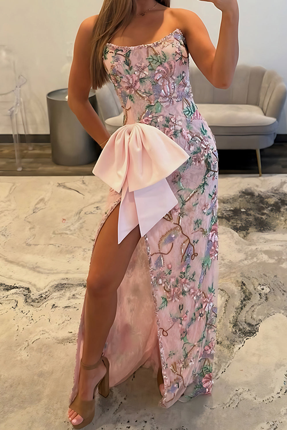 Pink Strapless Bowed Sheath Long Prom Dress with Slit