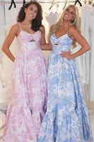 Load image into Gallery viewer, Jacquard Blue Spaghetti Straps A-Line Long Prom Dress