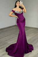 Load image into Gallery viewer, Dark Purple Off The Shoulder Ruched Mermaid Long Prom Dress with Rhinestones
