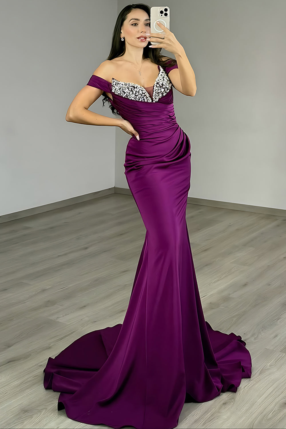 Dark Purple Off The Shoulder Ruched Mermaid Long Prom Dress with Rhinestones
