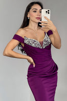 Load image into Gallery viewer, Dark Purple Off The Shoulder Ruched Mermaid Long Prom Dress with Rhinestones