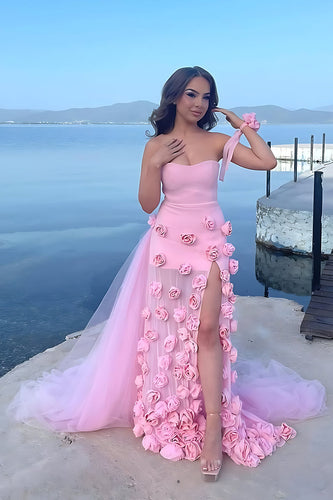 Strapless Pink 3D Flowers Sheath Long Prom Dress with Slit