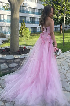Strapless Pink 3D Flowers Sheath Long Prom Dress with Slit