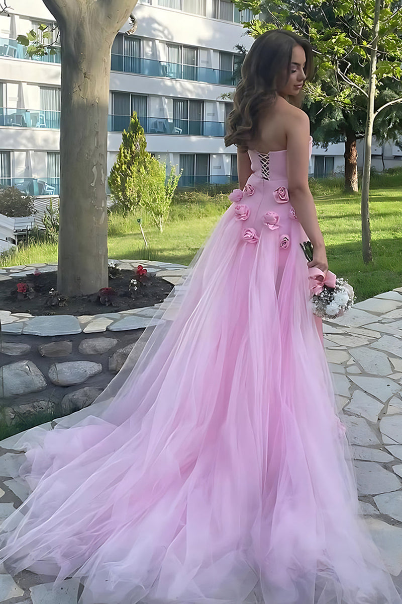 Load image into Gallery viewer, Strapless Pink 3D Flowers Sheath Long Prom Dress with Slit