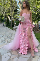 Load image into Gallery viewer, Strapless Pink 3D Flowers Sheath Long Prom Dress with Slit