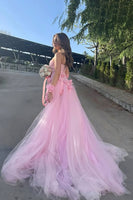 Load image into Gallery viewer, Strapless Pink 3D Flowers Sheath Long Prom Dress with Slit