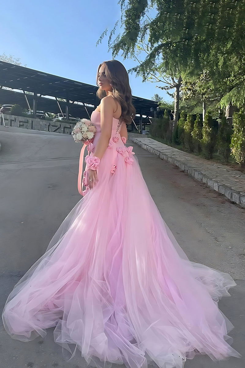 Load image into Gallery viewer, Strapless Pink 3D Flowers Sheath Long Prom Dress with Slit