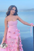 Load image into Gallery viewer, Strapless Pink 3D Flowers Sheath Long Prom Dress with Slit