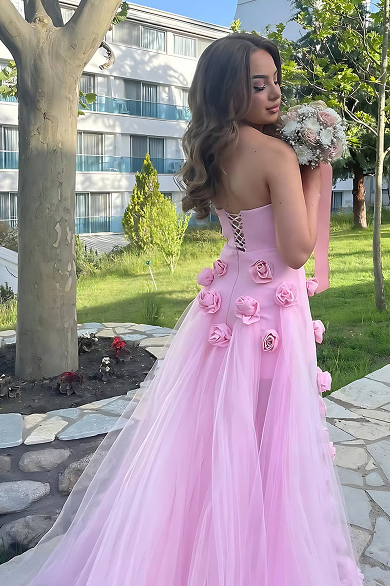 Load image into Gallery viewer, Strapless Pink 3D Flowers Sheath Long Prom Dress with Slit