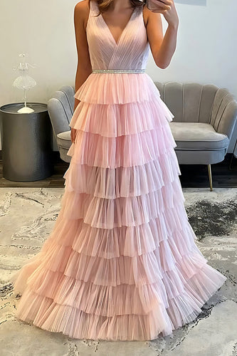 Blush Tiered A-Line V-Neck Long Chiffon Prom Dress with Ruffles