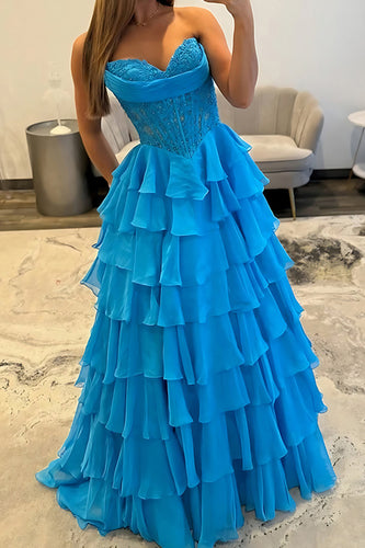 Blue Sweetheart Corset Tiered A-Line Long Prom Dress with Ruffles