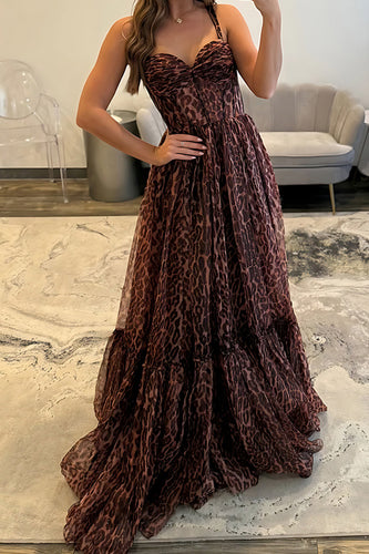 Coffee Leopard Corset A-Line Long Chiffon Prom Dress