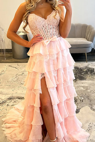 Sweetheart Blush Tiered Corset Ruffled Long Prom Dress with Slit