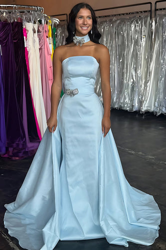 Light Blue Mermaid Strapless Satin Long Prom Dress