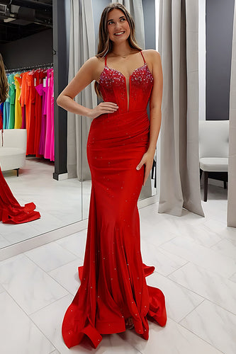 Red Mermaid Spaghetti Straps Corset Long Satin Prom Dress with Beading
