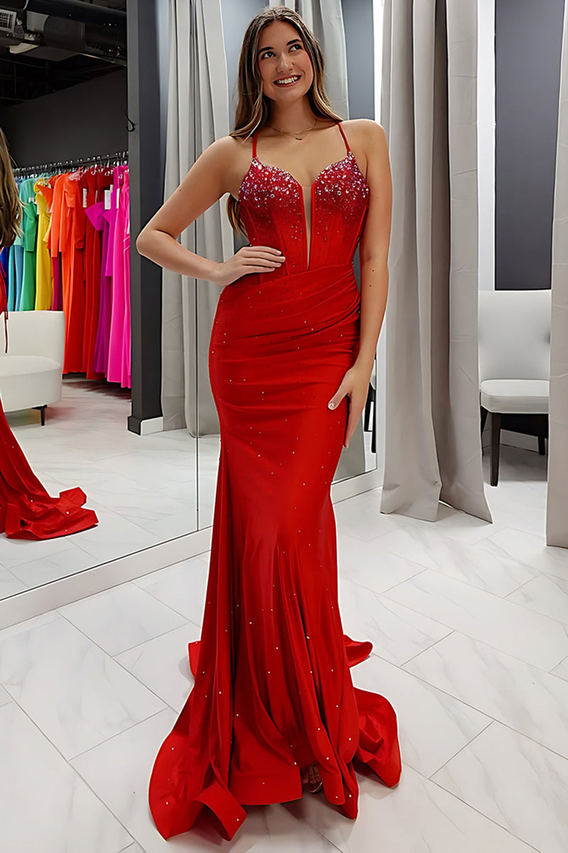 Load image into Gallery viewer, Red Mermaid Spaghetti Straps Corset Long Satin Prom Dress with Beading