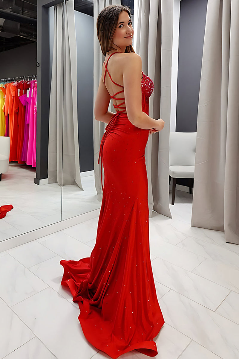 Load image into Gallery viewer, Red Mermaid Spaghetti Straps Corset Long Satin Prom Dress with Beading